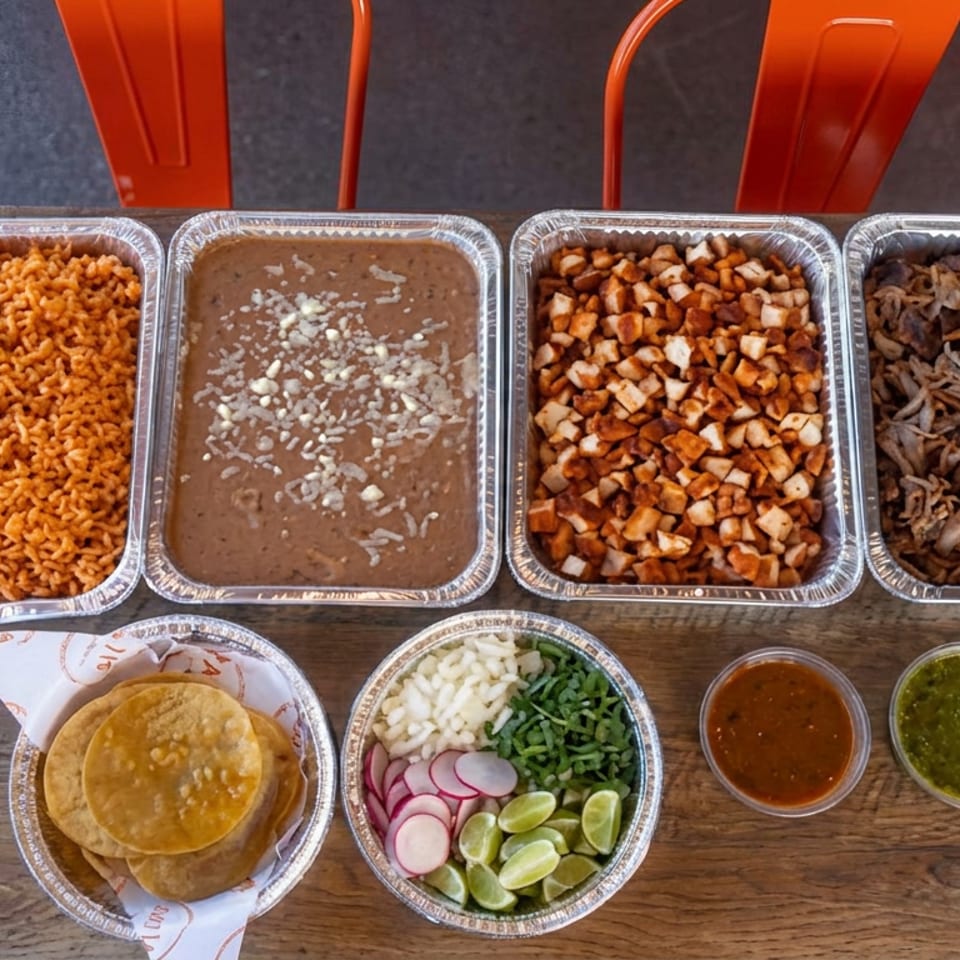Mexican food spread with rice, beans, roasted potatoes, sautéed mushrooms, tortillas, garnishes, and red and green salsas on a wooden table.