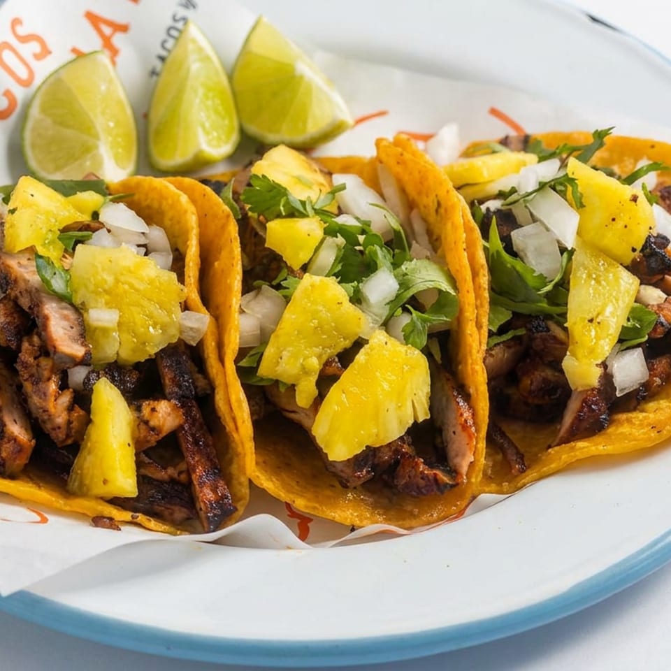 Three tacos filled with grilled meat, pineapple, onion, and cilantro, served with lime wedges on a branded plate.