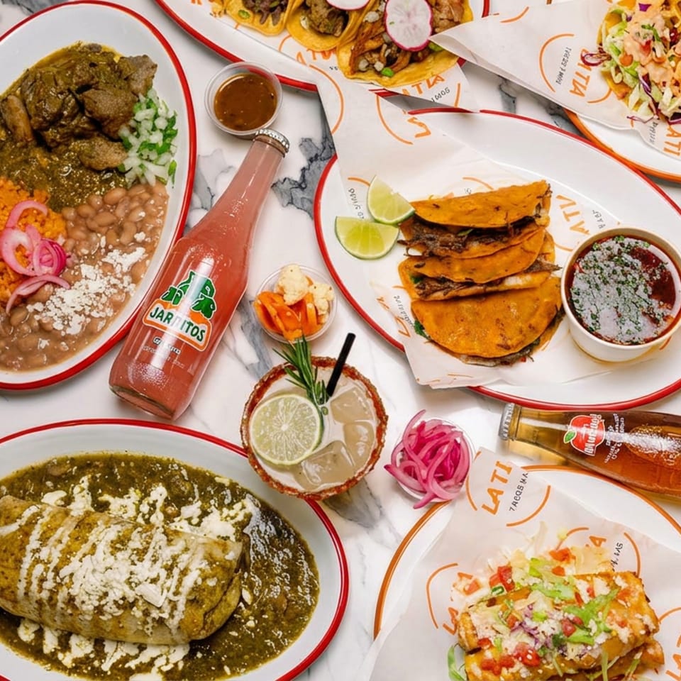 Overhead spread of Mexican dishes including tacos, enchiladas, rice, beans, nachos, lime cocktails, and bottled drinks on a marble table.