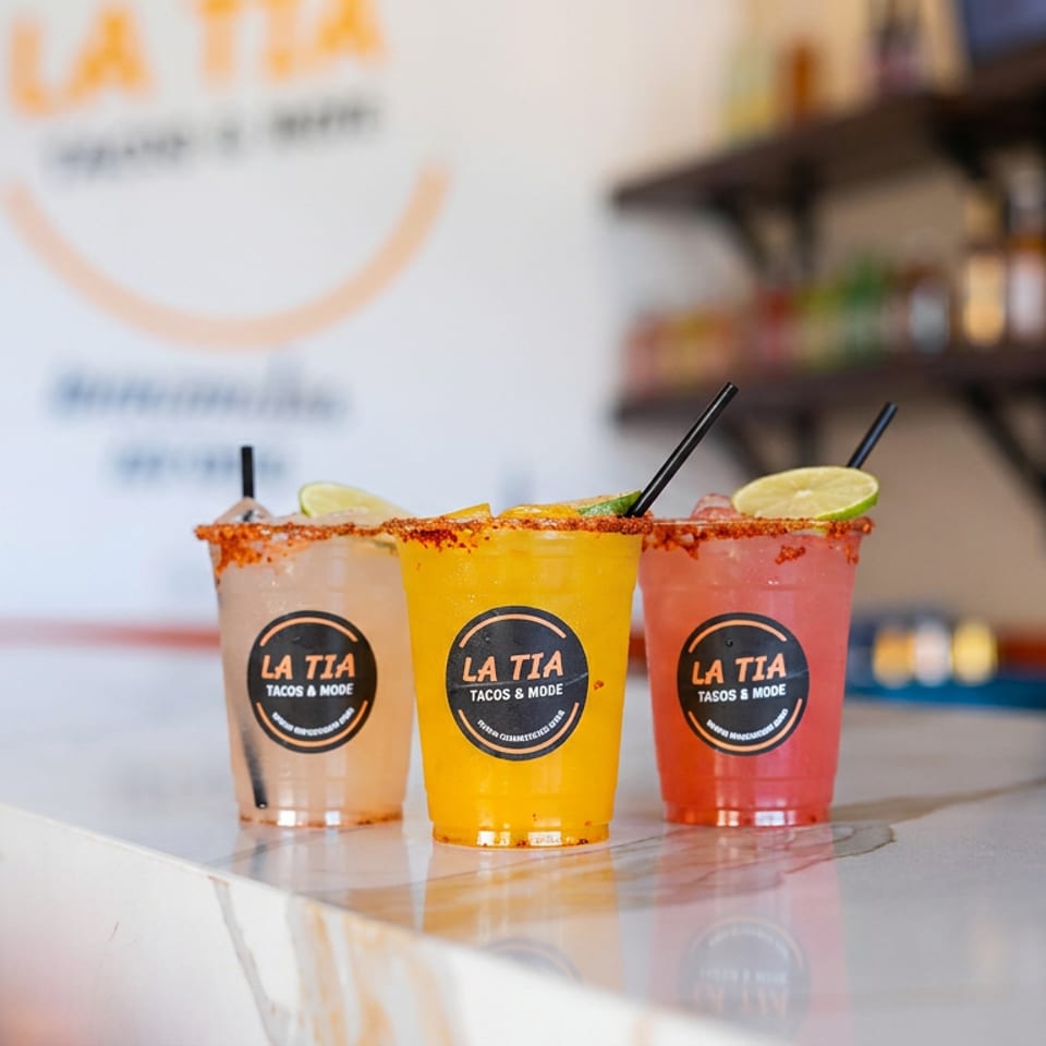 Three colorful La Tia Tacos & Mode drinks with chili-salt rims and lime garnishes sit on a bar counter.