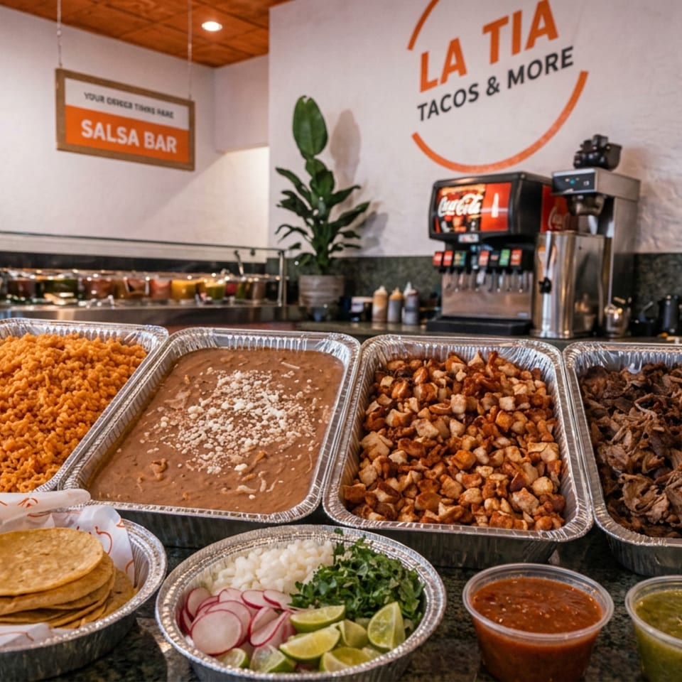 La Tia Tacos & More counter displays trays of rice, beans, potatoes, shredded meat, tortillas, toppings, and salsa.